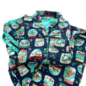 Nick & Nora Flannel Pajama Set S Blue Sock Monkey Christmas Snowglobe Top Pants